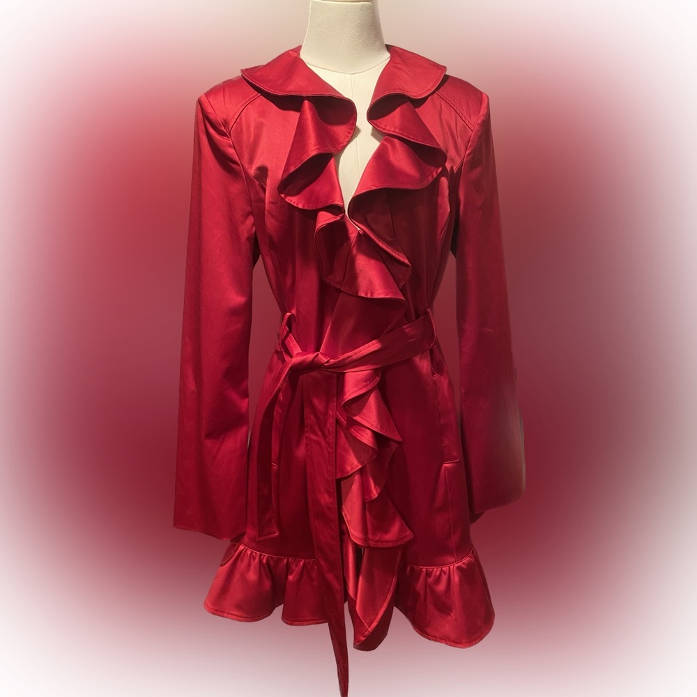 Bebe Speak Easy Ruffle Red Satin Trench coat with belt, coquette, mid-length L